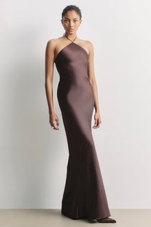 Clean Cut Satin Halterneck Gown - Carob