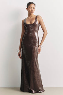 Sequin Scoop Neck Column Maxi Dress - Carob
