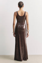 Sequin Scoop Neck Column Maxi Dress - Carob