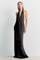 Plunging Knot Detail Gown with Fringing - Black
