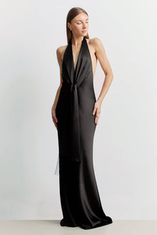 Plunging Knot Detail Gown with Fringing - Black