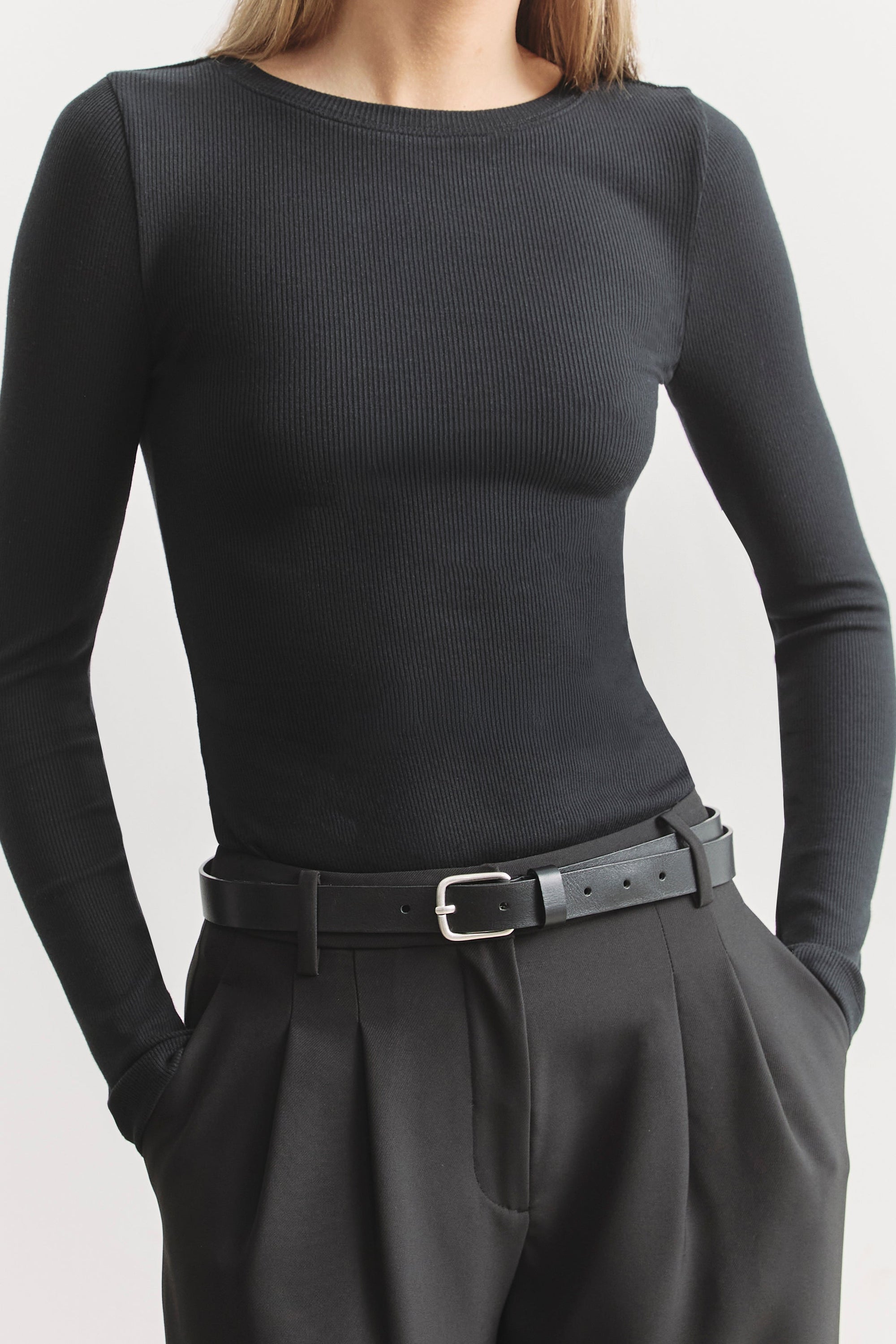 Soft Ribbed Long Sleeve Top - Black