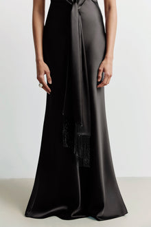 Plunging Knot Detail Gown with Fringing - Black