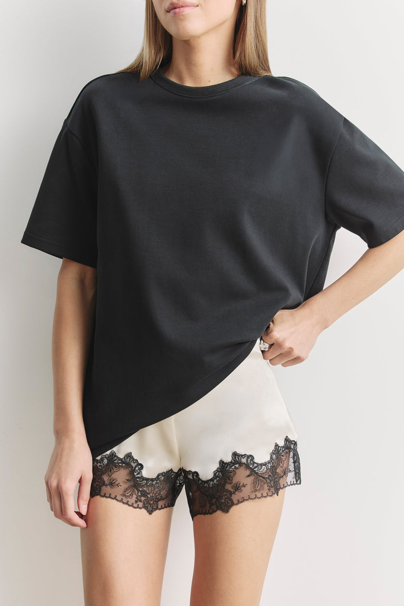 Satin Lace Detail Shorts - Champagne/Black