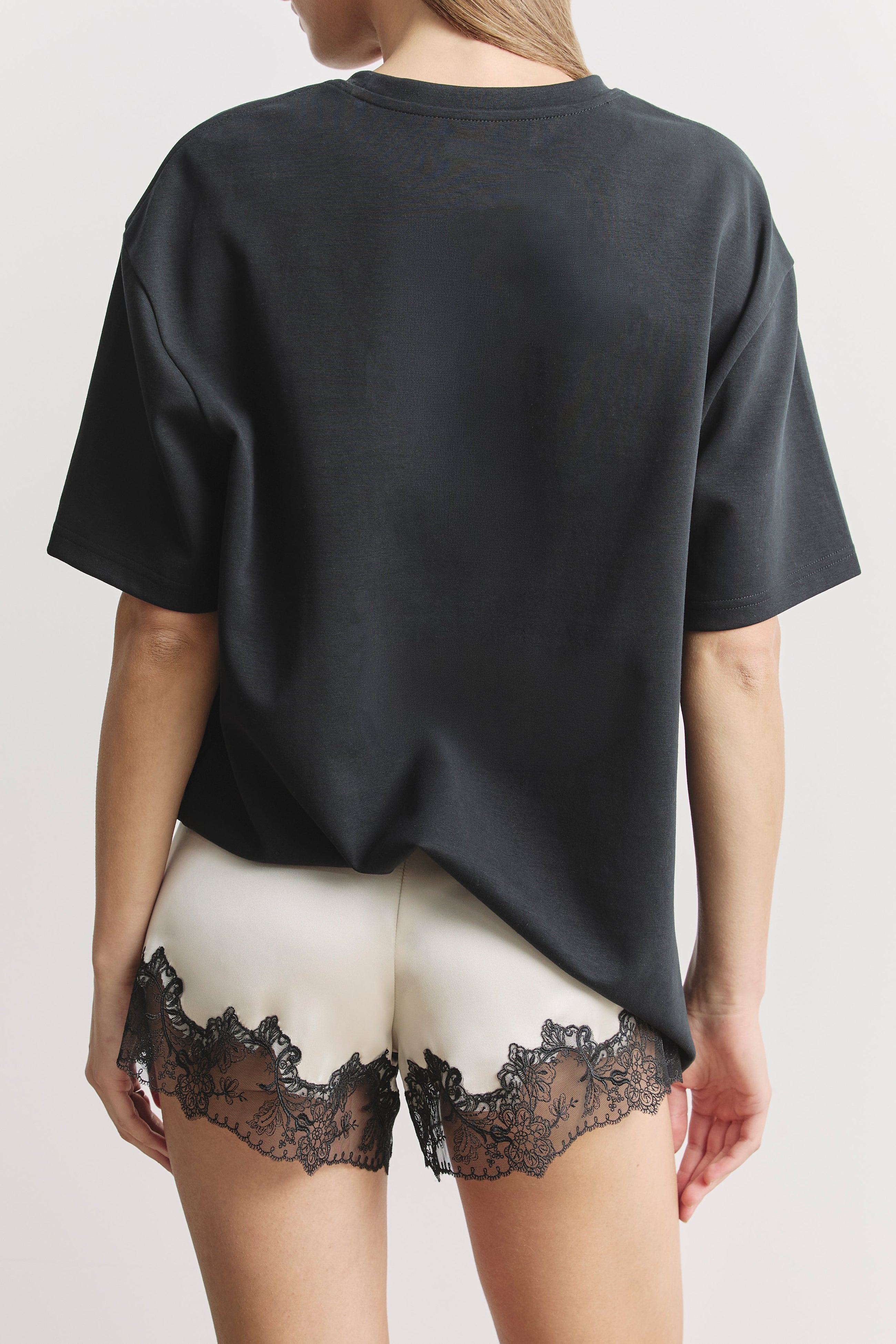 Satin Lace Detail Shorts - Champagne/Black