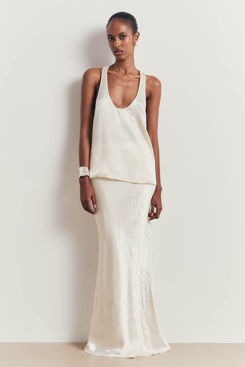 Crushed Satin Plunge U Neck Tank Top - Champagne