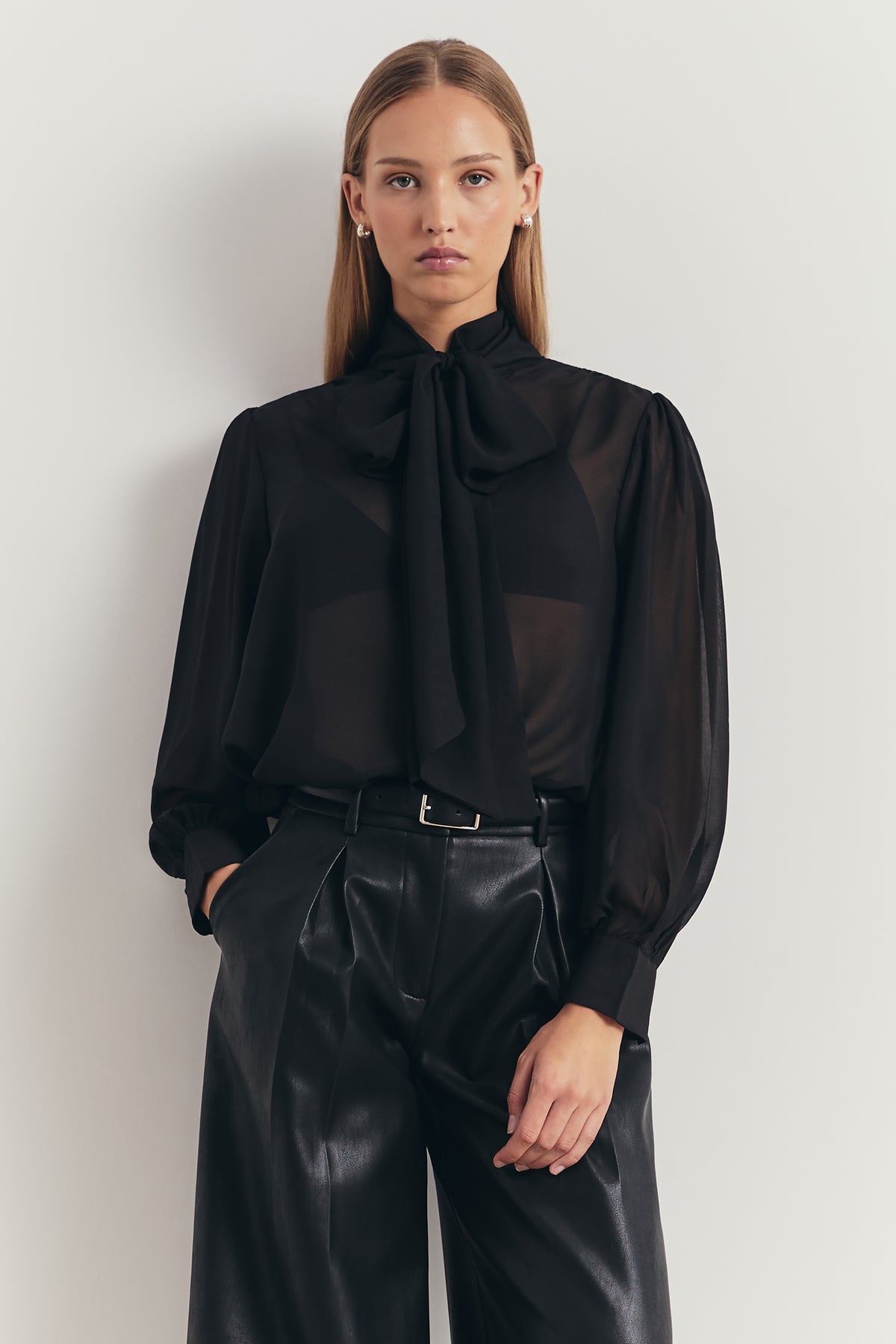 Sheer Chiffon Tie Neck Blouse - Black