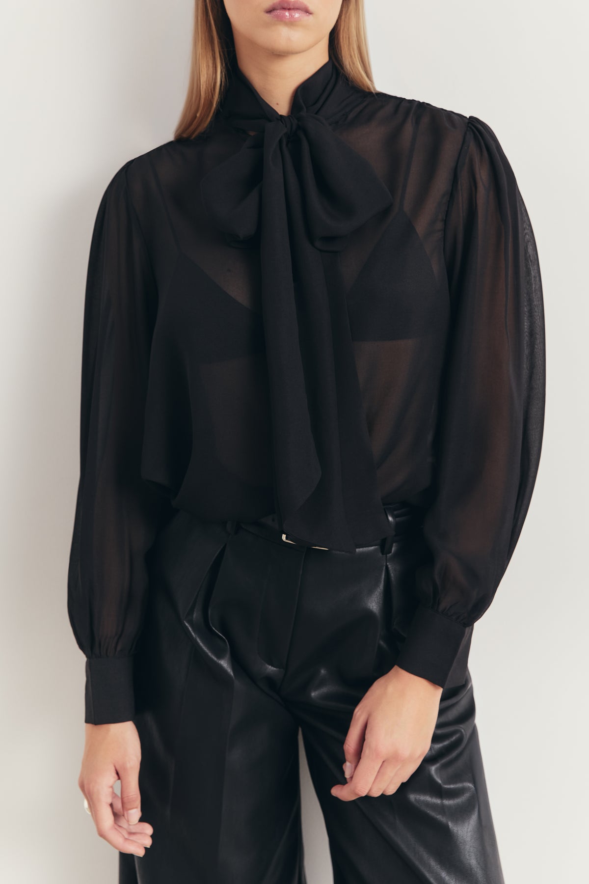 Sheer Chiffon Tie Neck Blouse - Black