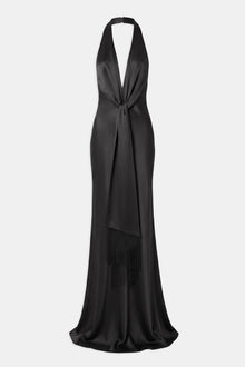 Plunging Knot Detail Gown with Fringing - Black