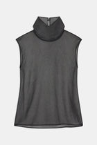 Sheer Organza Funnel Neck Blouse - Black