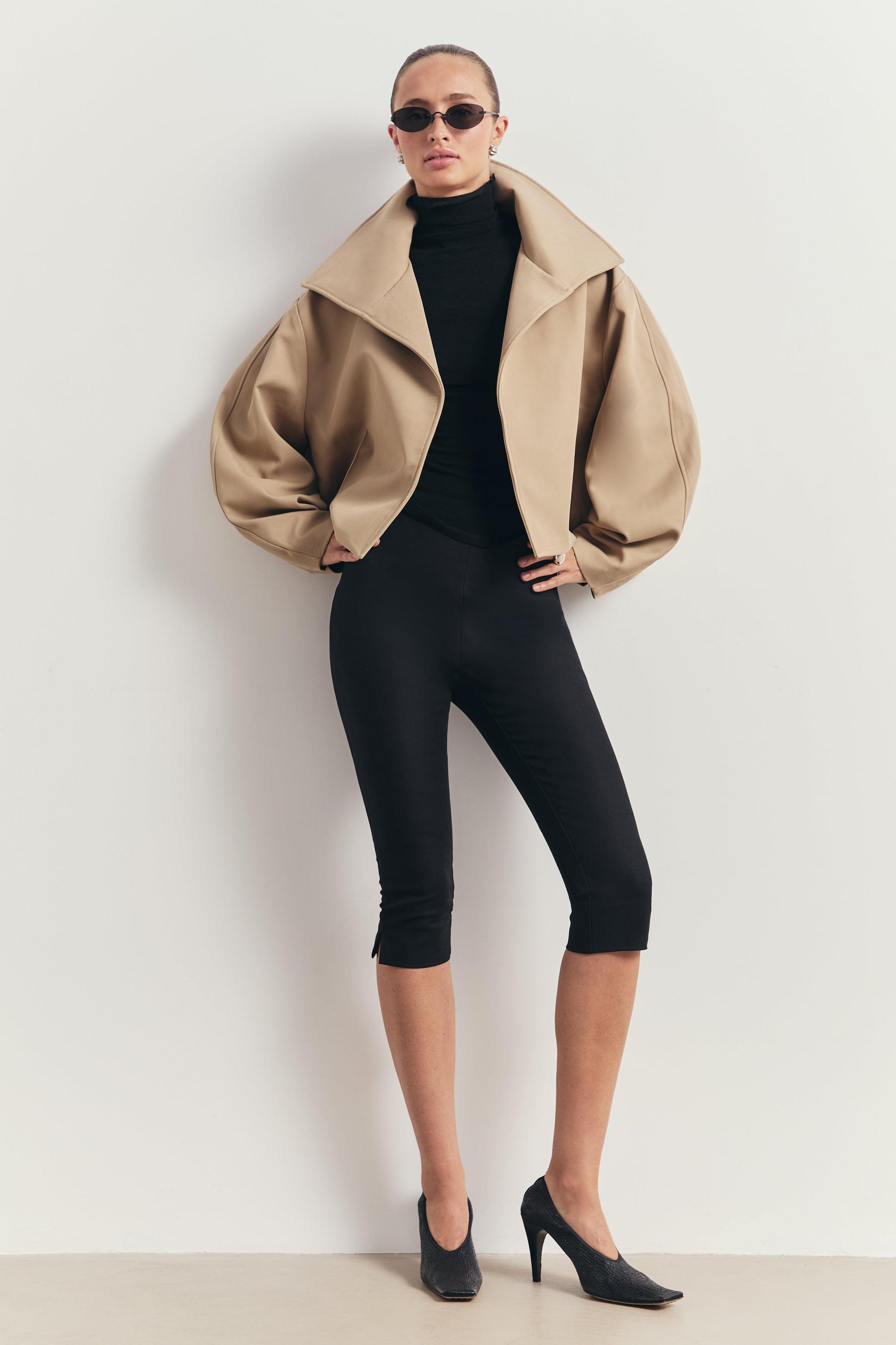 Cropped Funnel Neck Open Jacket - Tan