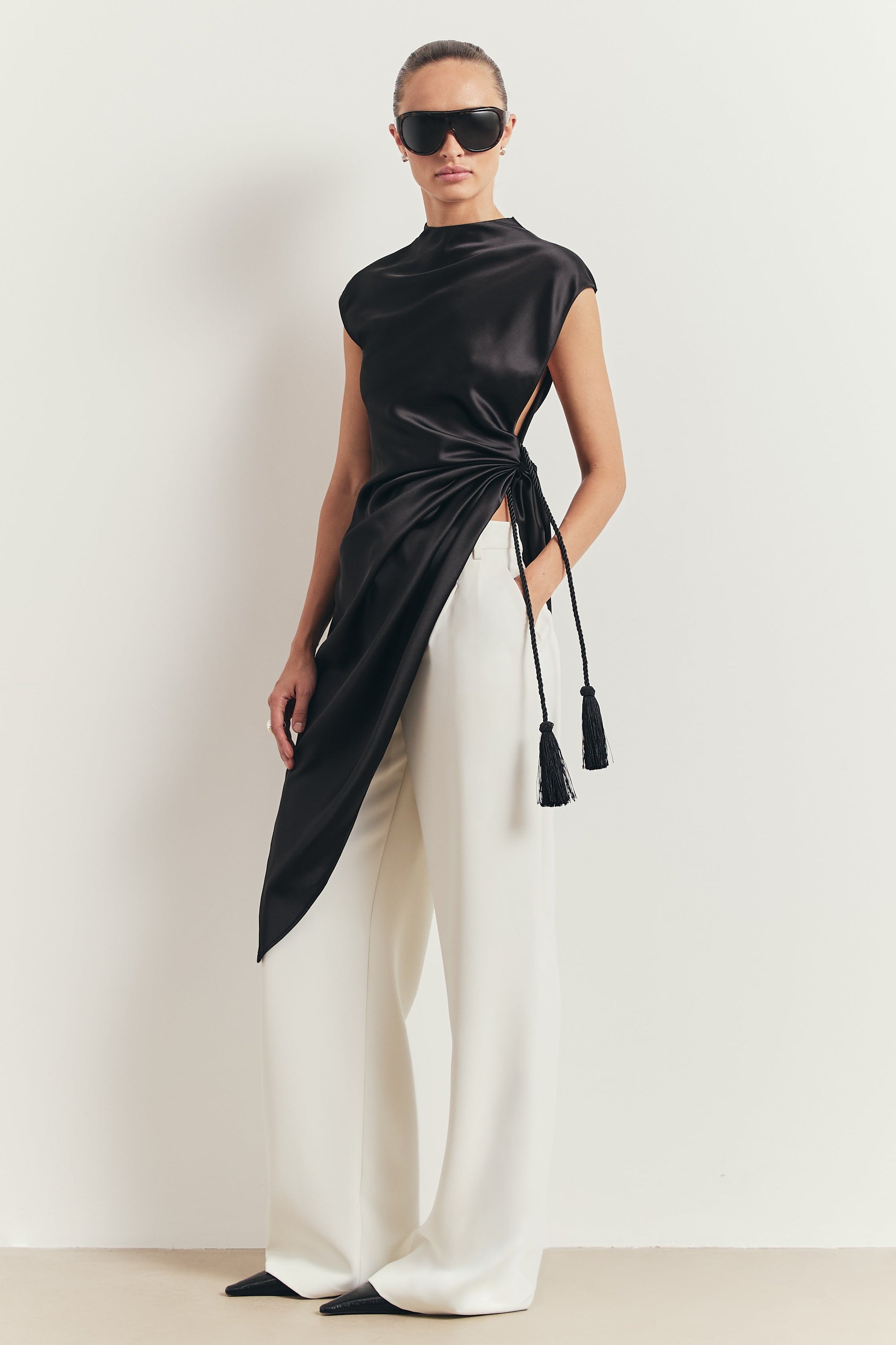 Satin Gathered Asymmetric Blouse with Tassel - Black