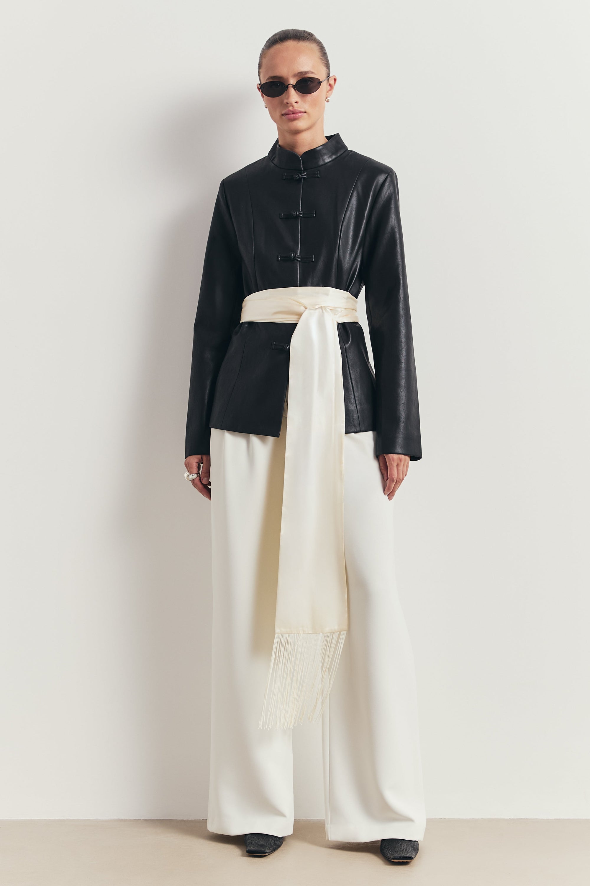 Leather Mandarin Collar Jacket - Black