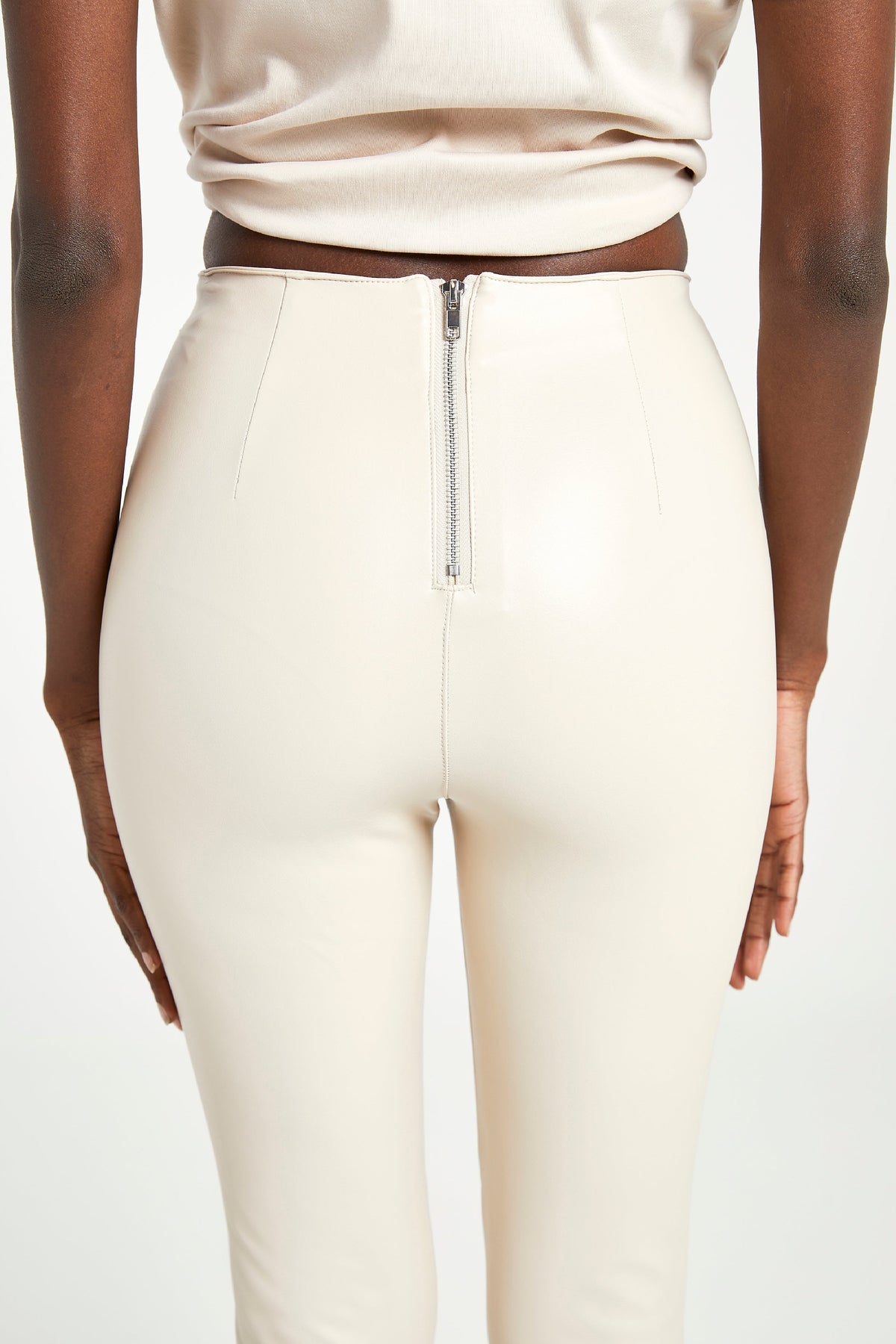 High Waisted Leather Leggings - Cream