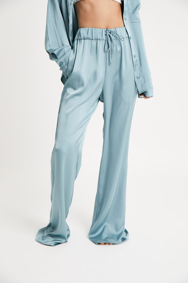 Relaxed Satin Drawstring Trousers - Mineral Blue