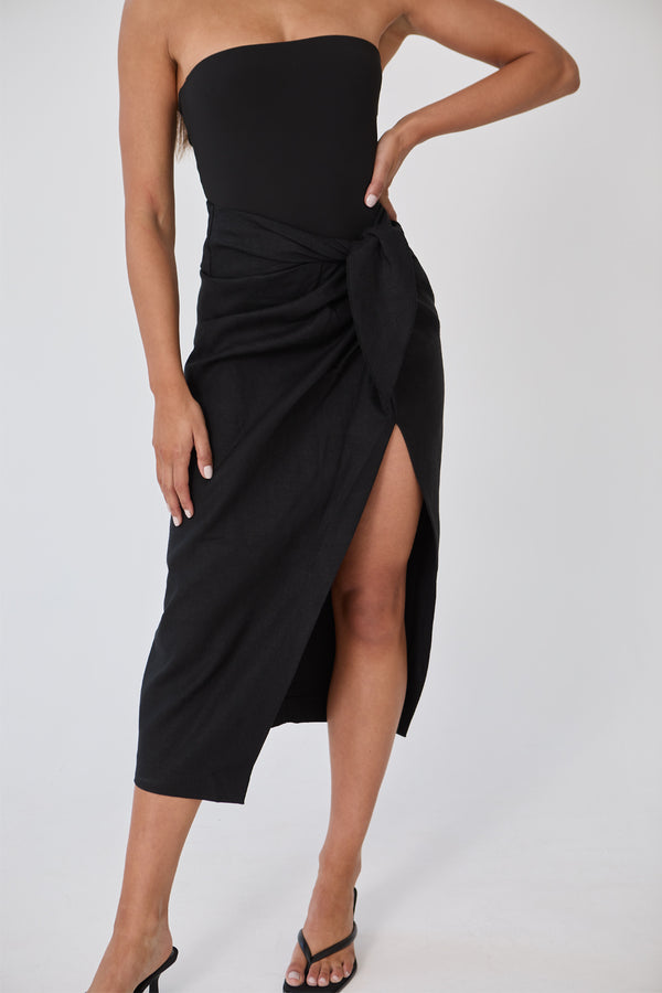 Linen Wrap Midi Skirt - Black